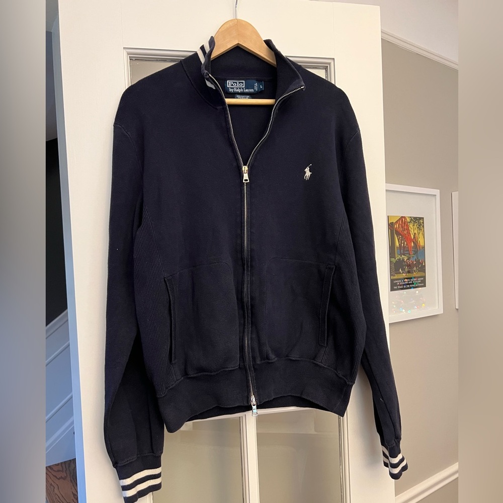 Polo Ralph Lauren Full Zip Mock Neck Sweater, Size L, Navy Blue